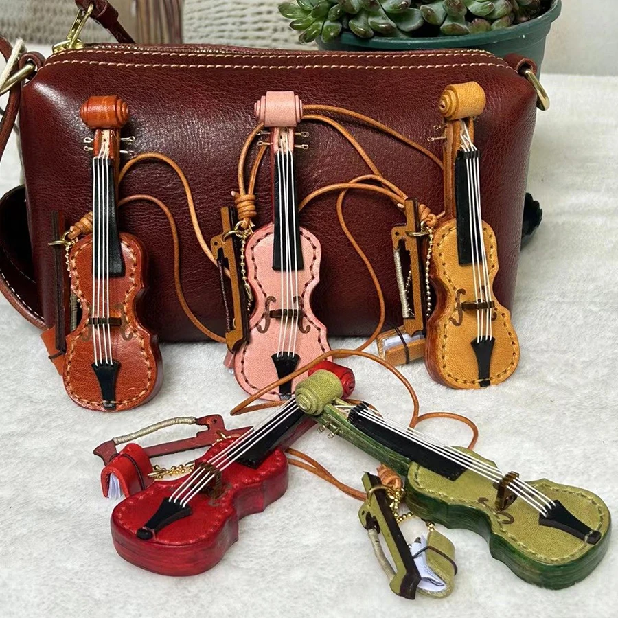 Genuine Leather Violin & Cello Keychain Musical Instrument Bag Charm Miniature Music Violin Pendant Keyring For Music Lover