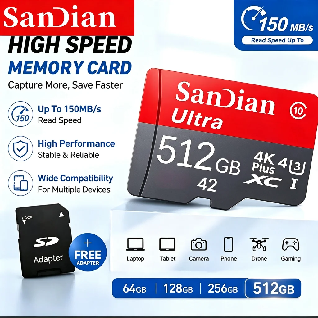High-Speed Memory Card 256GB Micro TF SD Card 128GB SD Cards 64GB TF Cards 32GB U3 4K Shockproof for Camera/Desktop