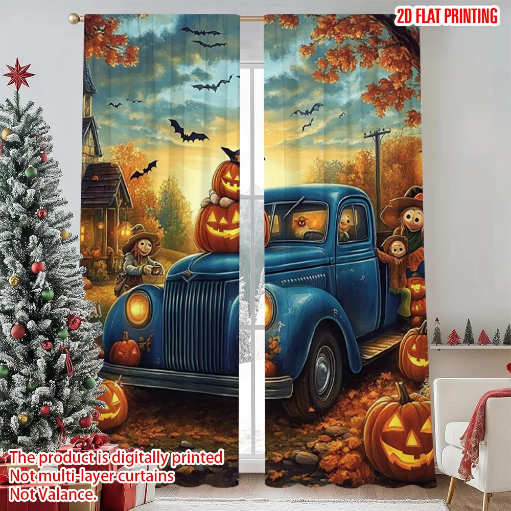 

2pcs 2D flat printing Christmas Party Curtain Autumn pumpkin carriage Versatile Polyester Fabric Without Electricity Spring
