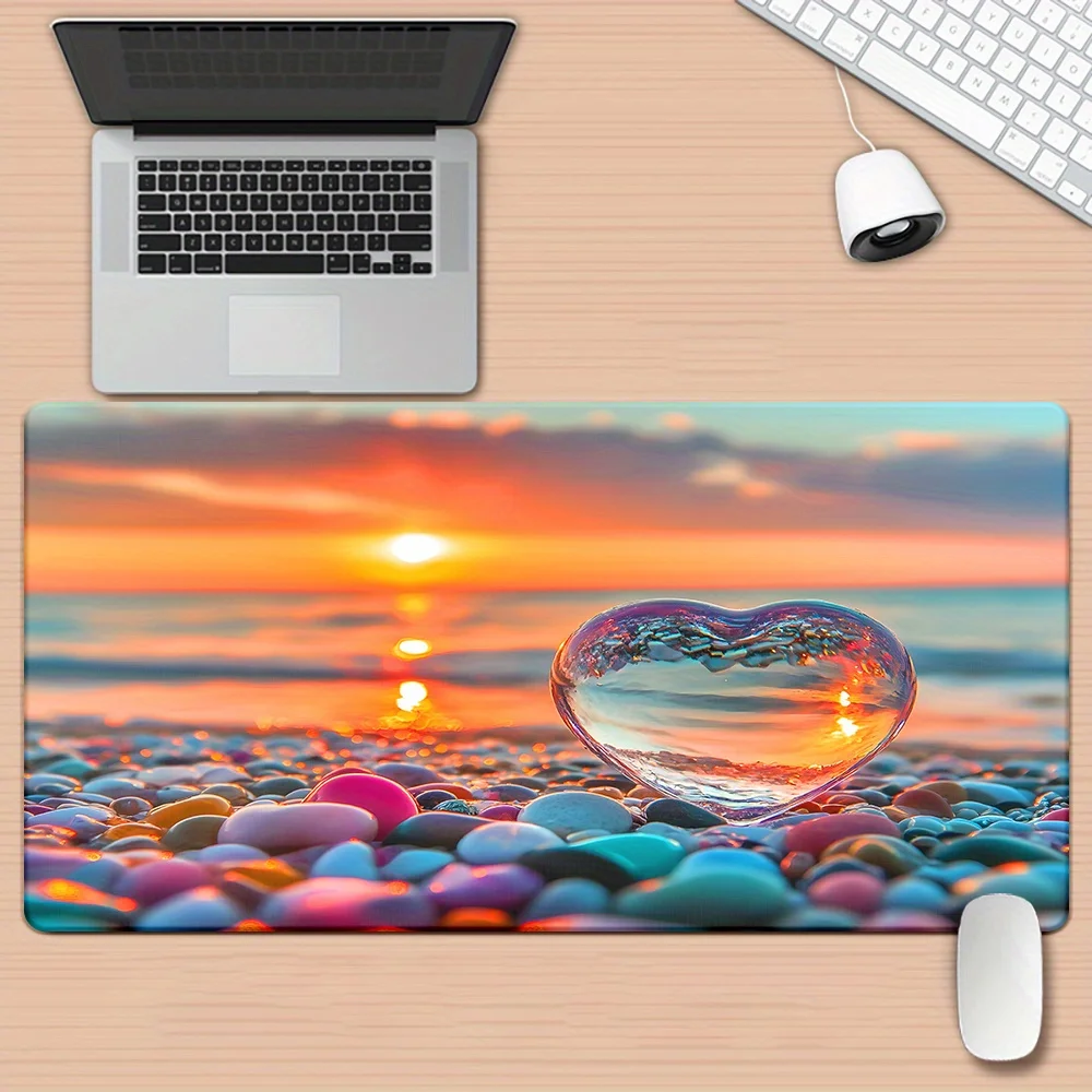 

Коврик для мыши XXL с рисунком Heart Glass Stone Sunset Beach, нескользящая резиновая основа, игровой коврик для мыши