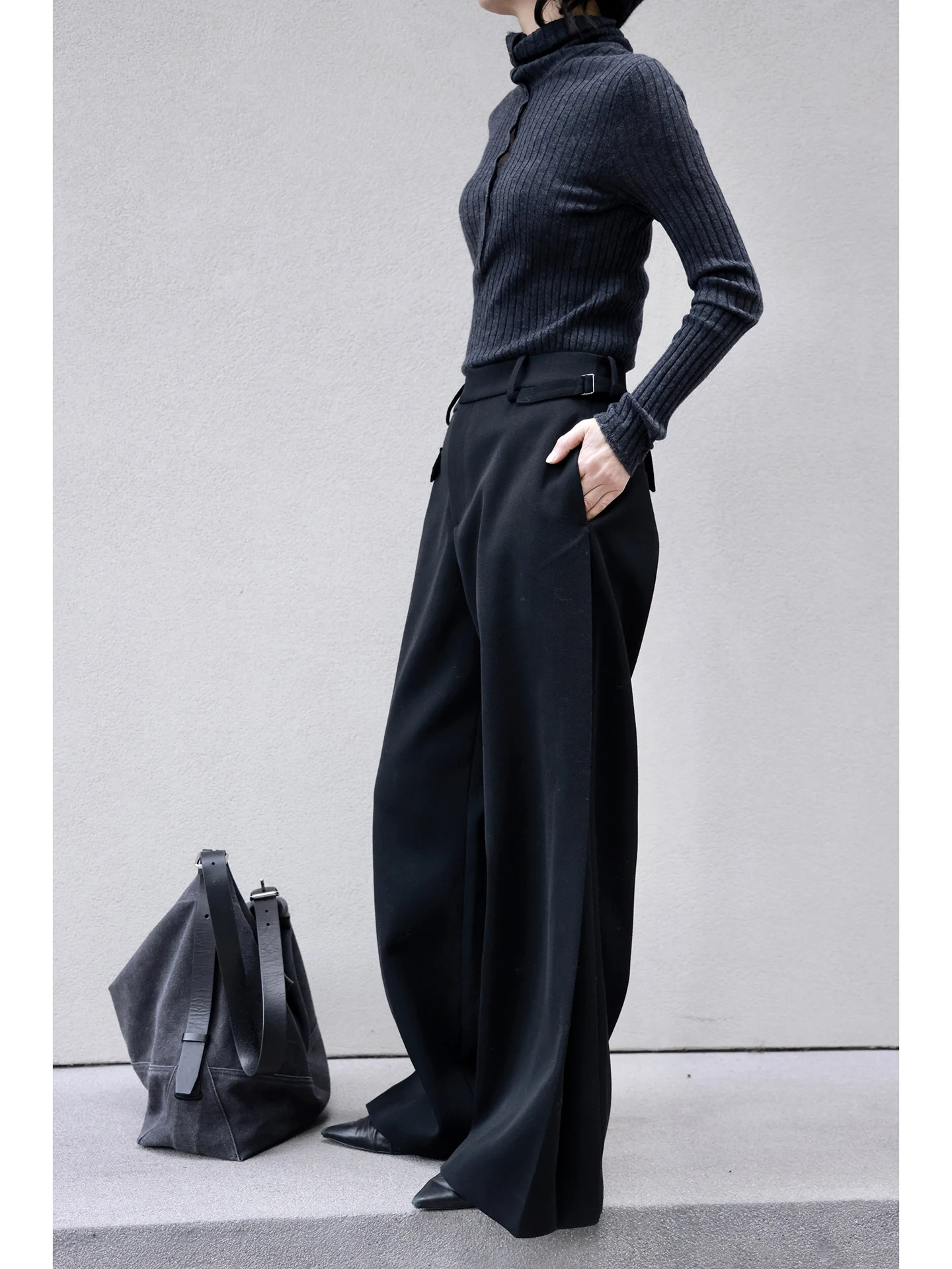 

Faionable Bla Woolen Utili Design Wide Leg Pants Autumn Winter New Practica Casual Straight Tube Ladies Trousers