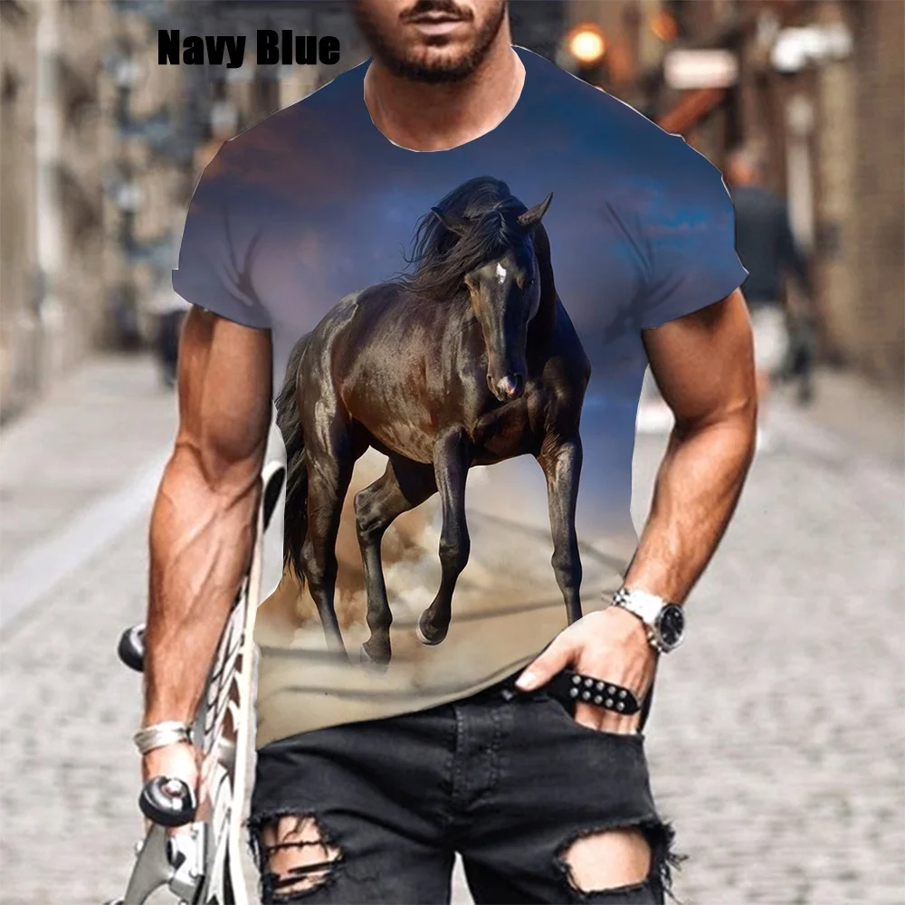 New Fashion Summer Horse 3D Paint Slim T Shirt 3D Printing Short-sleeved Casual Round Neck Men's Tops