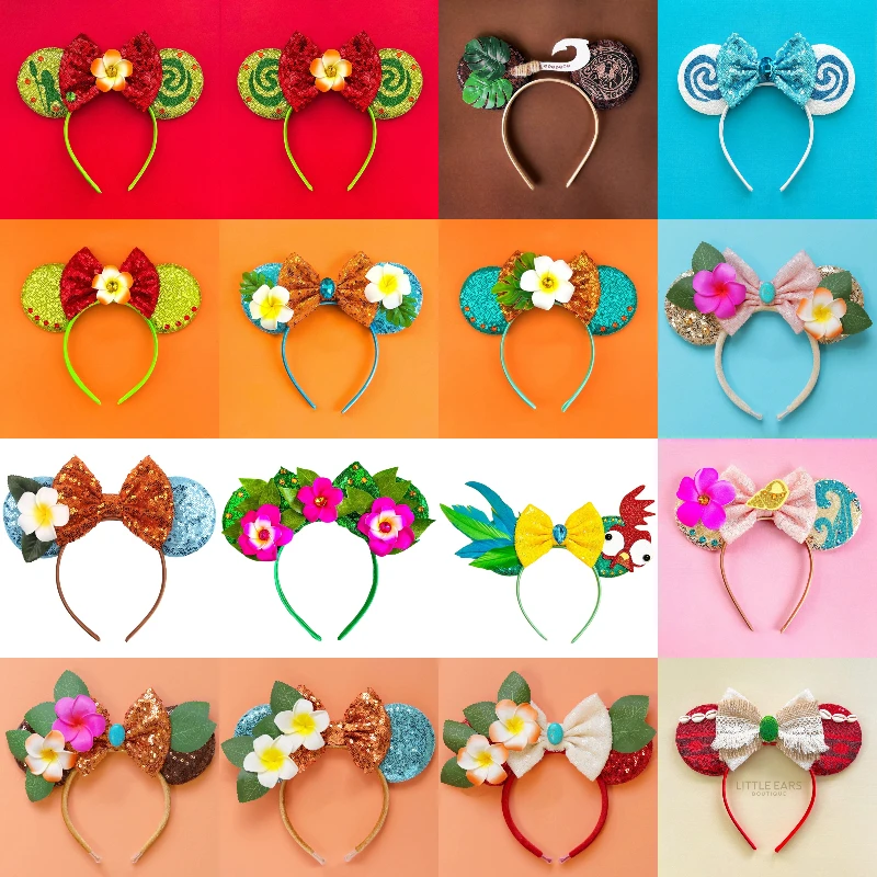 Disney Moana Ears Headbands For Kids Hook Bow Maui Hair Accessories Women Frangipani Flowers Hairband Girl Spiral Conch Headwear