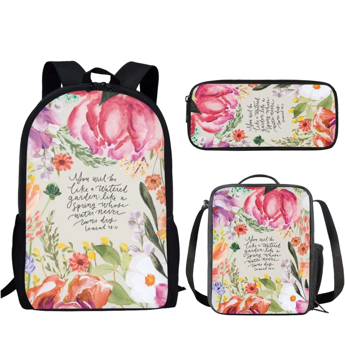 

Bible Poetry Print Casual School Bags for Women Men Large Capacity Girls Student Backpacks 3pcs/set with Lunch Boxes Pencil Case