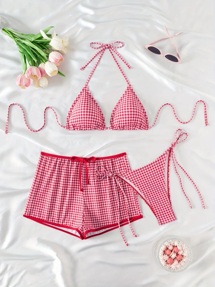 Bikini Donna Costume da bagno 2026 Nuovo plaid rosso Halter Bikini Set Sexy Vita alta Costumi da bagno Pantaloncini estivi Beachwear Costume da bagno femminile