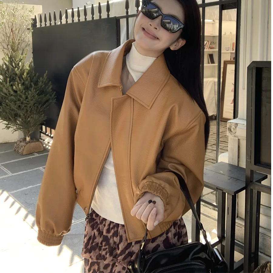 

Women's ort Leather Jaet Cotton Filled Casual Loose Fit American Sle Versatile Slimming Outerwear Spring Autumn