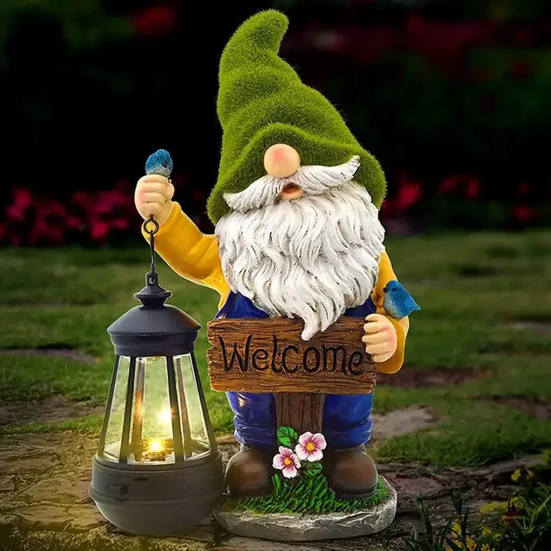 

1pc Garden Decoration Gnome Dwarf Statue-resin Craft Ornament Carrying Solar Power LED Light Door Welcome Sign Dwarf Statues