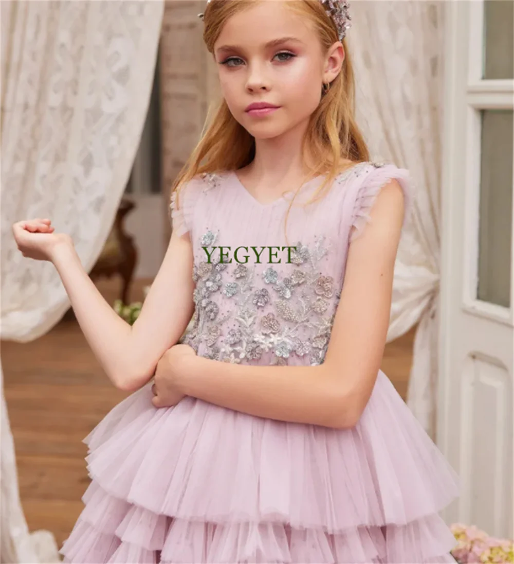 Princess Prom Party Dress with Long Train Flower Girl Dress Ball Gown First Communion Dresses 3D Lace Girls Dresses