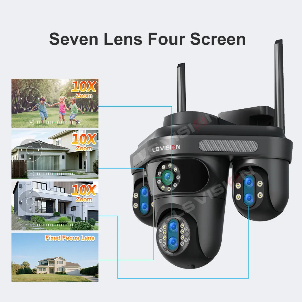 Kamera IP WiFi LS VISION 35MP z 10-krotnym zoomem, 7 obiektywami, 4 ekranami, bezprzewodowa kamera monitoringu zewnętrznego PTZ CCTV z automatycznym śledzeniem i noktowizorem