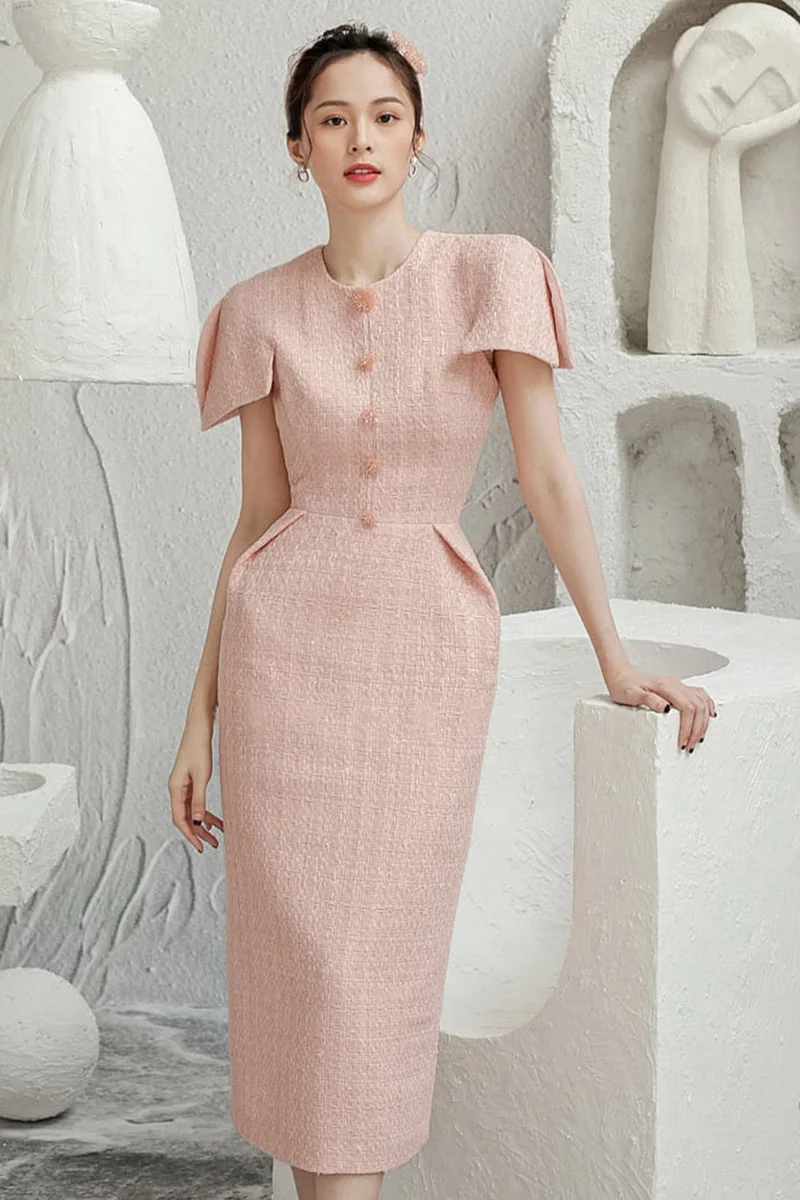 Commute Style Light Pink Tweed Temperament Dress for Women Spring Summer New Elegant High Waist Round Neck Short Sleeve Dress