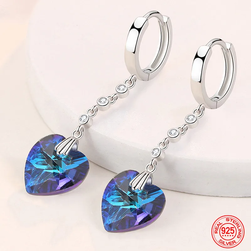 

925 Sterling Silver Heart Blue Crystal Earrings For Women Wedding Jewelry Charm Gift