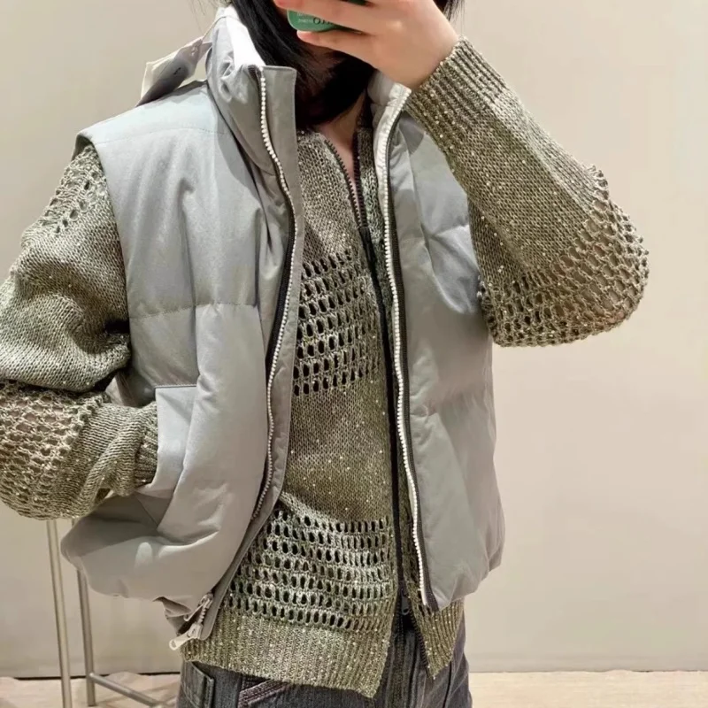 Otoño nuevo cárdigan de punto con huecos de lentejuelas mezcladas de lino con cuello redondo para mujer y2k chaqueta casual simple de moda de alta calidad