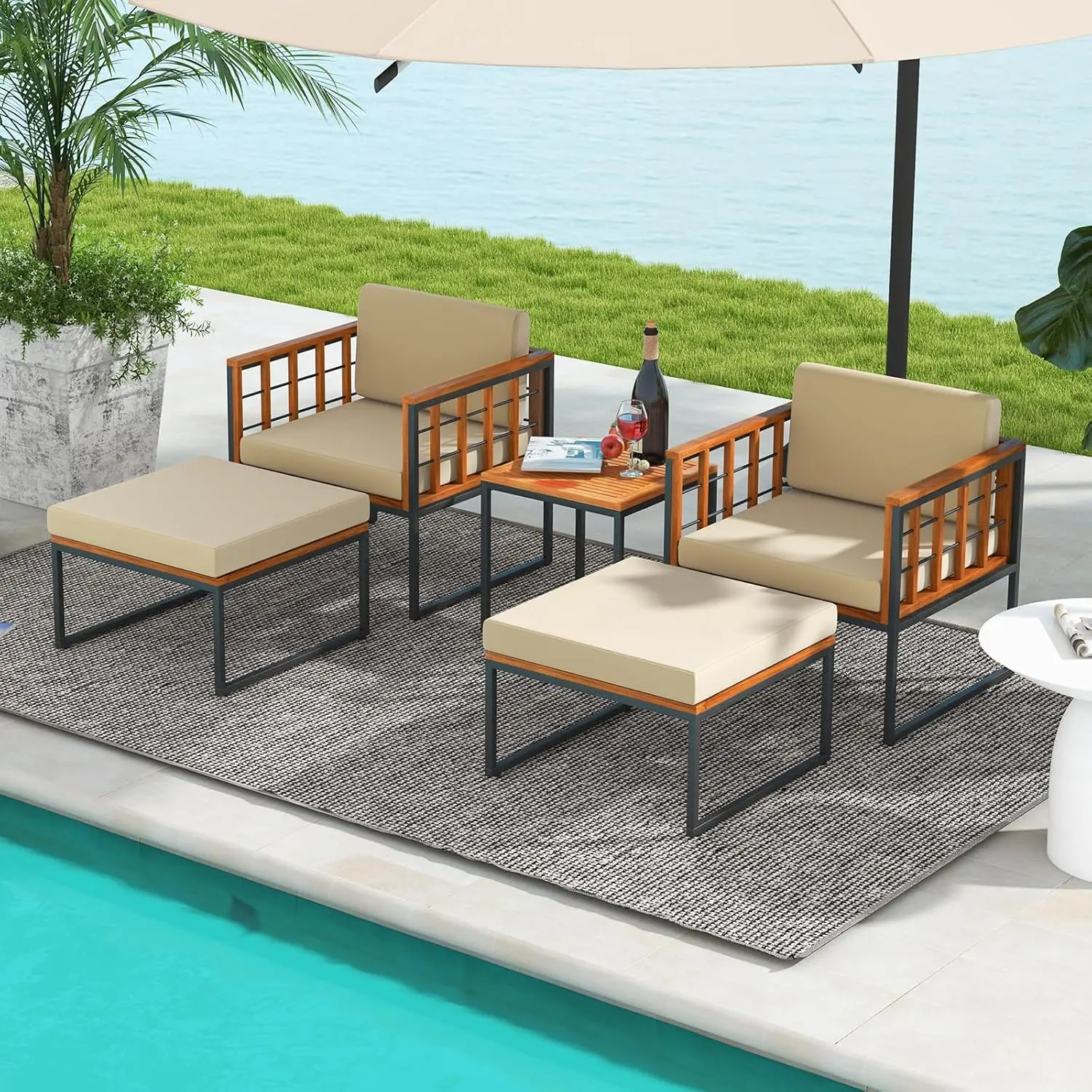 

5pc Acacia Wood Patio Set Ottomans Cushions Coffee Table Outdoor Garden Pool Custom