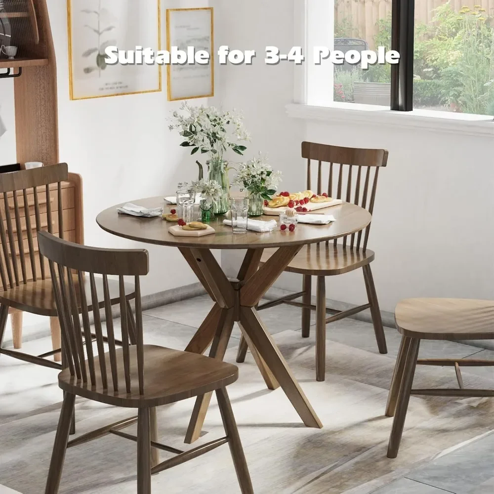 36" Round Wood Dining Table, Farmhouse Kitchen Table w/Intersecting Pedestal Base & Solid Wood Legs, , Brown