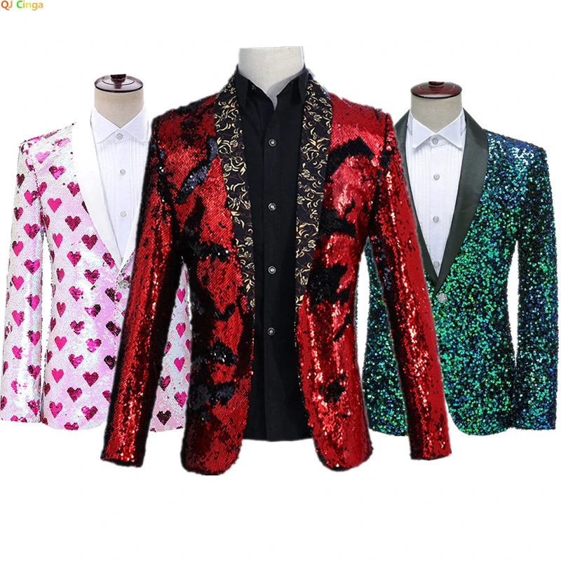 2023 New Men\'s Suit Jacket Wedding Party Slim Dress Coat Sequin Decoration Luxurious Blazers Blue Red Green Terno Masculino