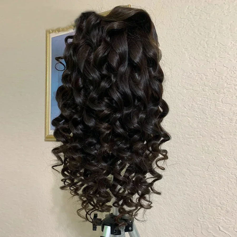 Babyhair-peluca rizada negra para mujer africana, pelo largo y suave de 26 pulgadas, 180de densidad, con malla frontal, sin pegamento, predesplumada, para uso diario