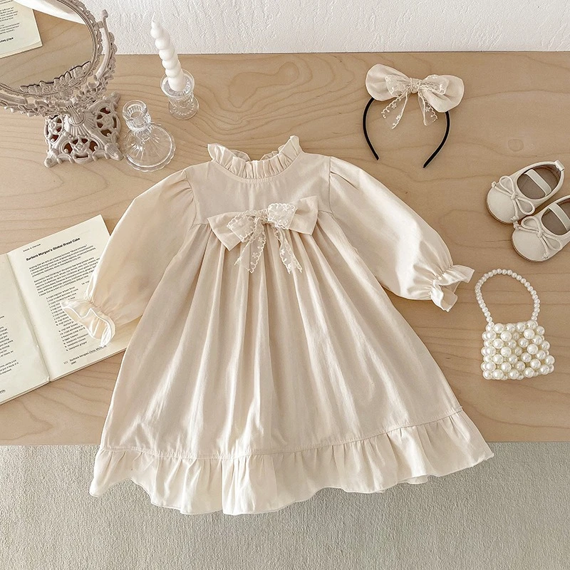 Girls Dress 2026 Autumn French Retro Bow Knot Doll Collar Temperament Long Sleeved Childrens Outerwear Dress