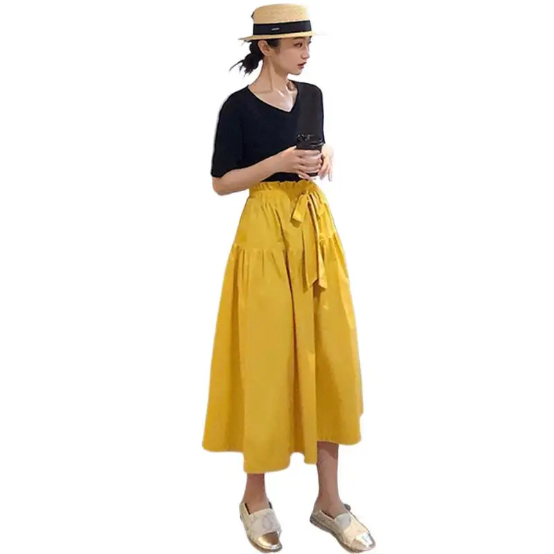 Autumn Cotton Ruffle Women' Long Skirts Summer Solid High Waist Wide Belt A-Line Maxi Skirts Bottoms 11 Colors skirts