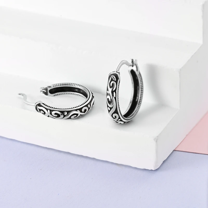 925 Sterling Silber Multi  Stilvolle Hoop Huggie Ohrringe für Frauen, Blaue Klare CZ, Vintage-Texturierter Muster, Alltagsschmuck für Partys – Detail 22