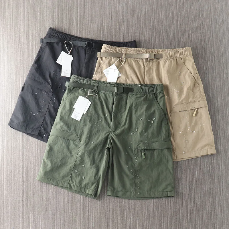 กางเกงลำลองผู้ชายแบบแห้งเร็ว ความยาวห้าส่วน สำหรับทำงาน มีเข็มขัด สีน้ำเงิน กันน้ำ ระบายอากาศ แฟชั่นฤดูร้อน