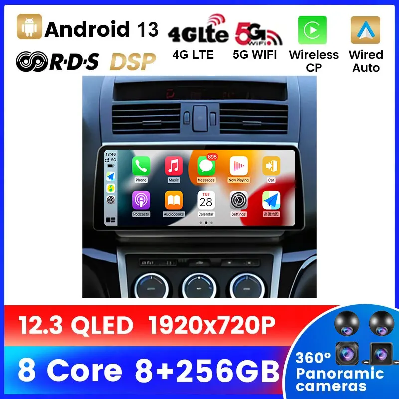 

Android 13 12,3 дюймов Carplay Auto для Mazda 6 GH 2008-2012, мультимедийный видеоплеер, стереомагнитола, автомобильное радио DSP QLED