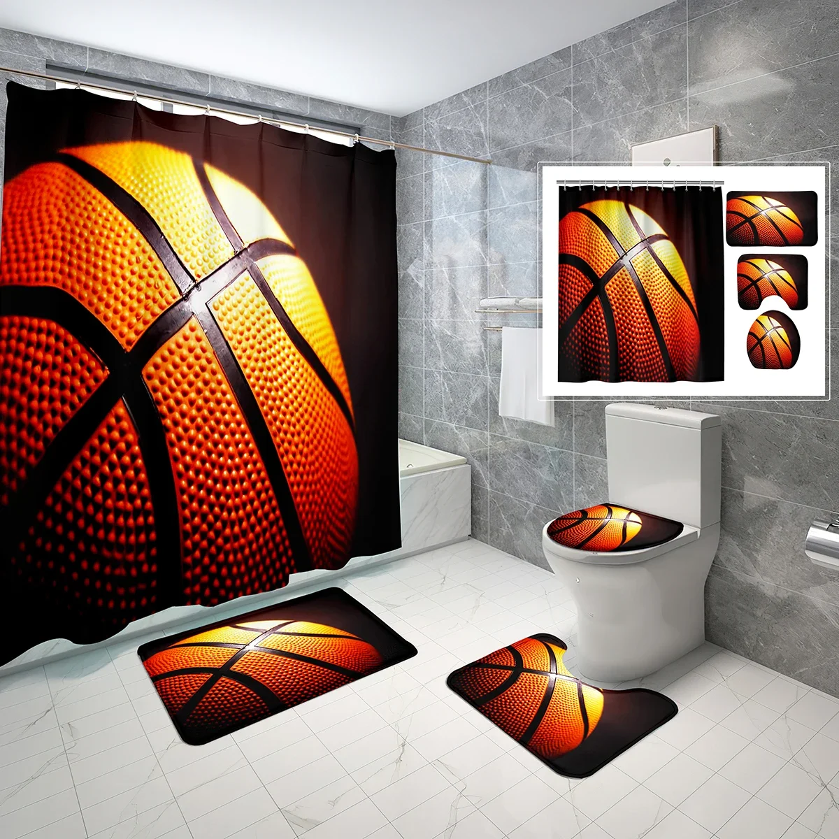 Basketball Style Shower Curtain Set Slam Dunk 4 Pcs Shower Curtain Bathroom Non-Slip Bath Mat Toilet Cover Curtain Set