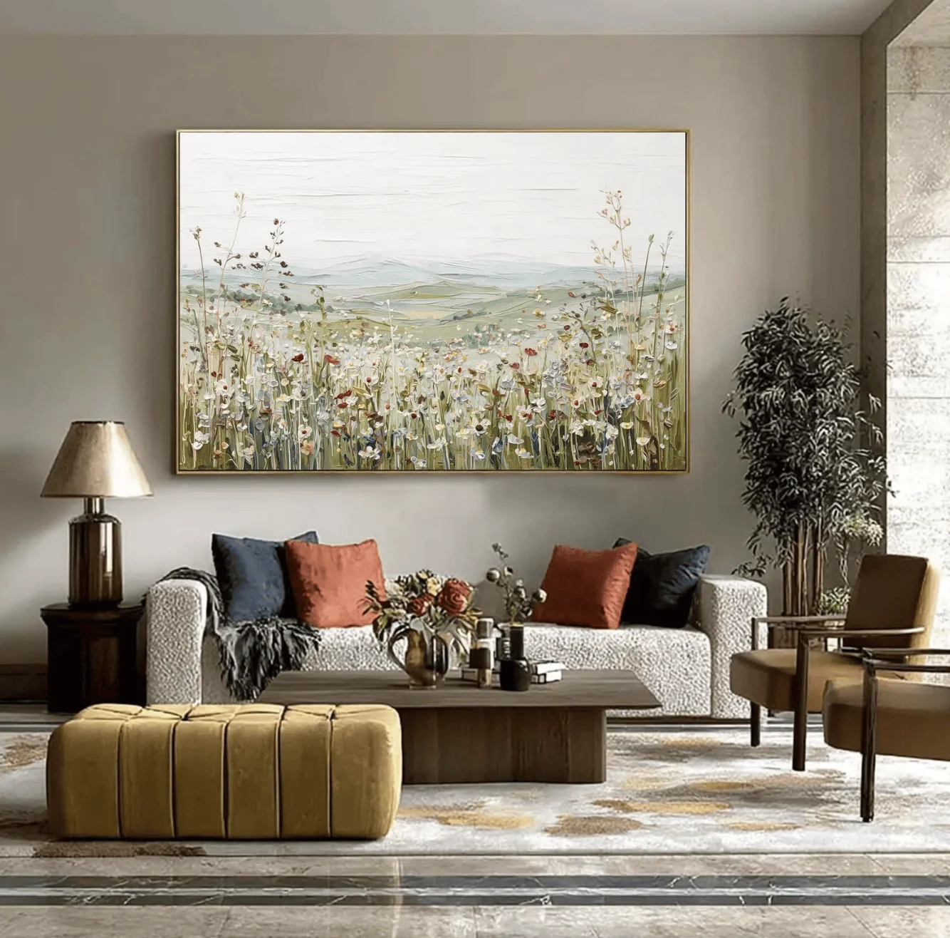 Neutral Wildflower Field Canvas Prints, Impasto Textured Country Meadow Posters Living Room Bedroom Farmhouse Home Decor
