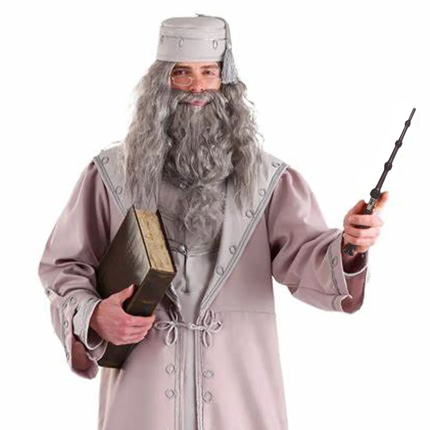 Synthetic Grey Dumbledore Wig and Beard Long Dark Gray Wizard Wigs + Beard + Magic Wand Sets Halloween Costume Accessory Adult