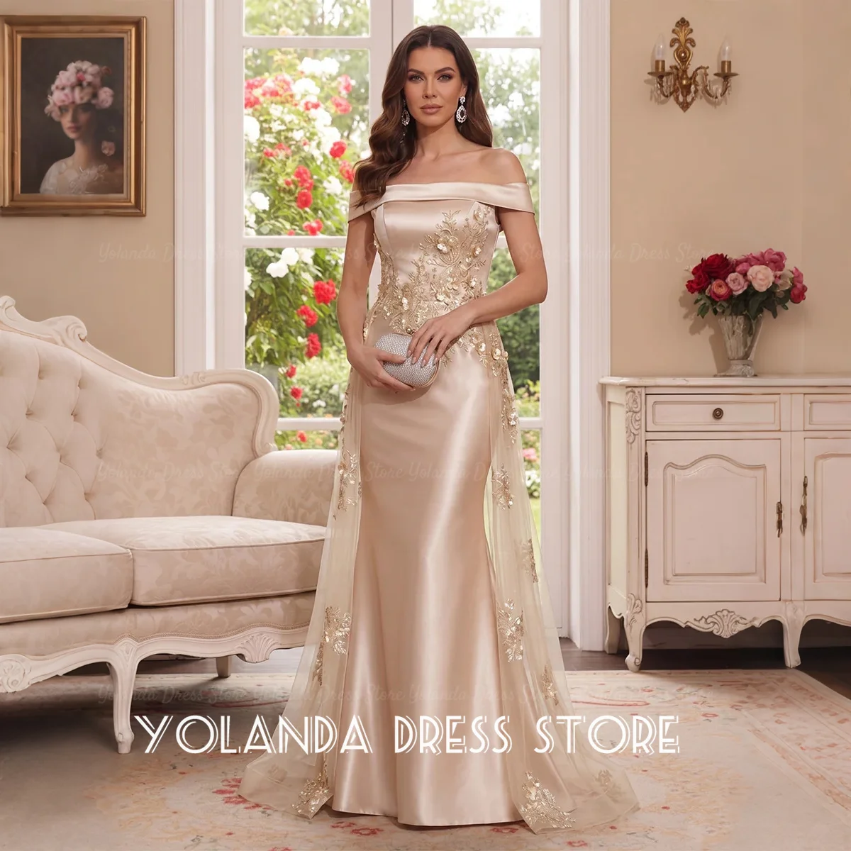 Yolanda Women's Wedding Party Elegant Off-the-Shoulder 3D Floral Applique Wedding Guest Dresses Tulle Sweep Train Customized New