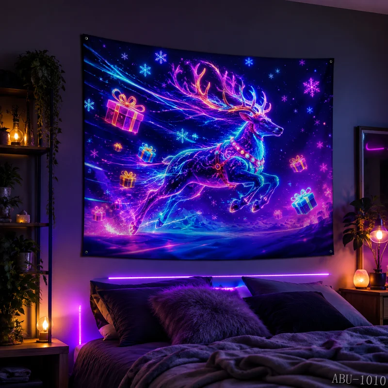 VIKAMA Star River Waterfall Cliff Elk Dreamy Christmas Tapestry, HD Background, Stunning Holiday Wall Room Decor