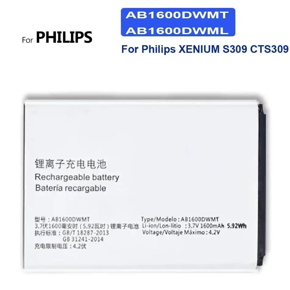 

Mobile Phone Battery For Philips Xenium S309 CTS309 Long-Lasting Performance 1600Mah Reliable Power Supply AB1600DWMT AB1600DWML