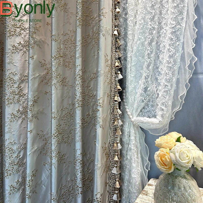 Blue Grey Embossed Gold Thread Jacquard Thickened Blackout Curtains for Living Room Bedroom French Window Villa Customization