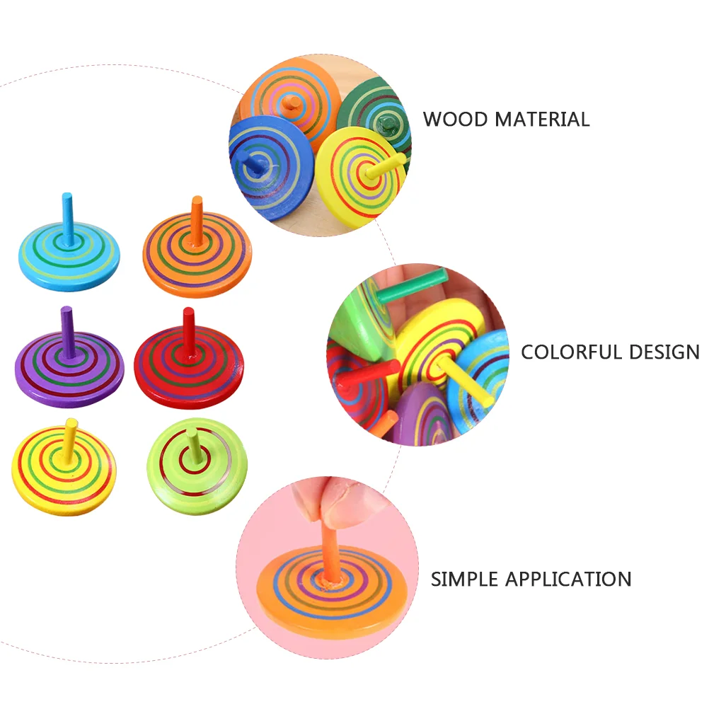 6ชิ้นไม้หมุนท็อปส์ตลกท็อปส์ของเล่นหลากสีของเล่นไม้ปั่นเด็กไม้ท็อปส์ไม้หมุด-ท็อปส์