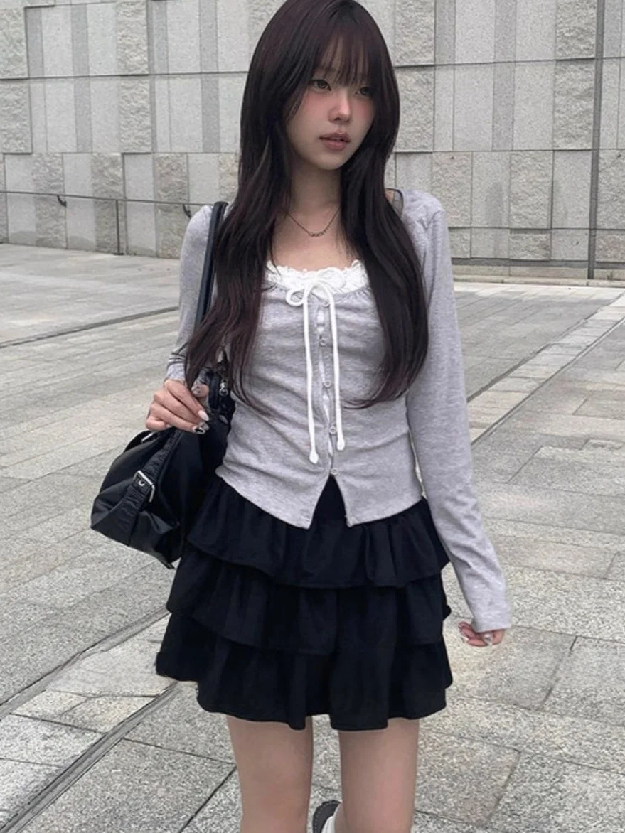 

Korean Sle Long Sve T-irt with Lace Belt And Denim ort Pants Slimming Effect Floral Design Versatile Top for Women