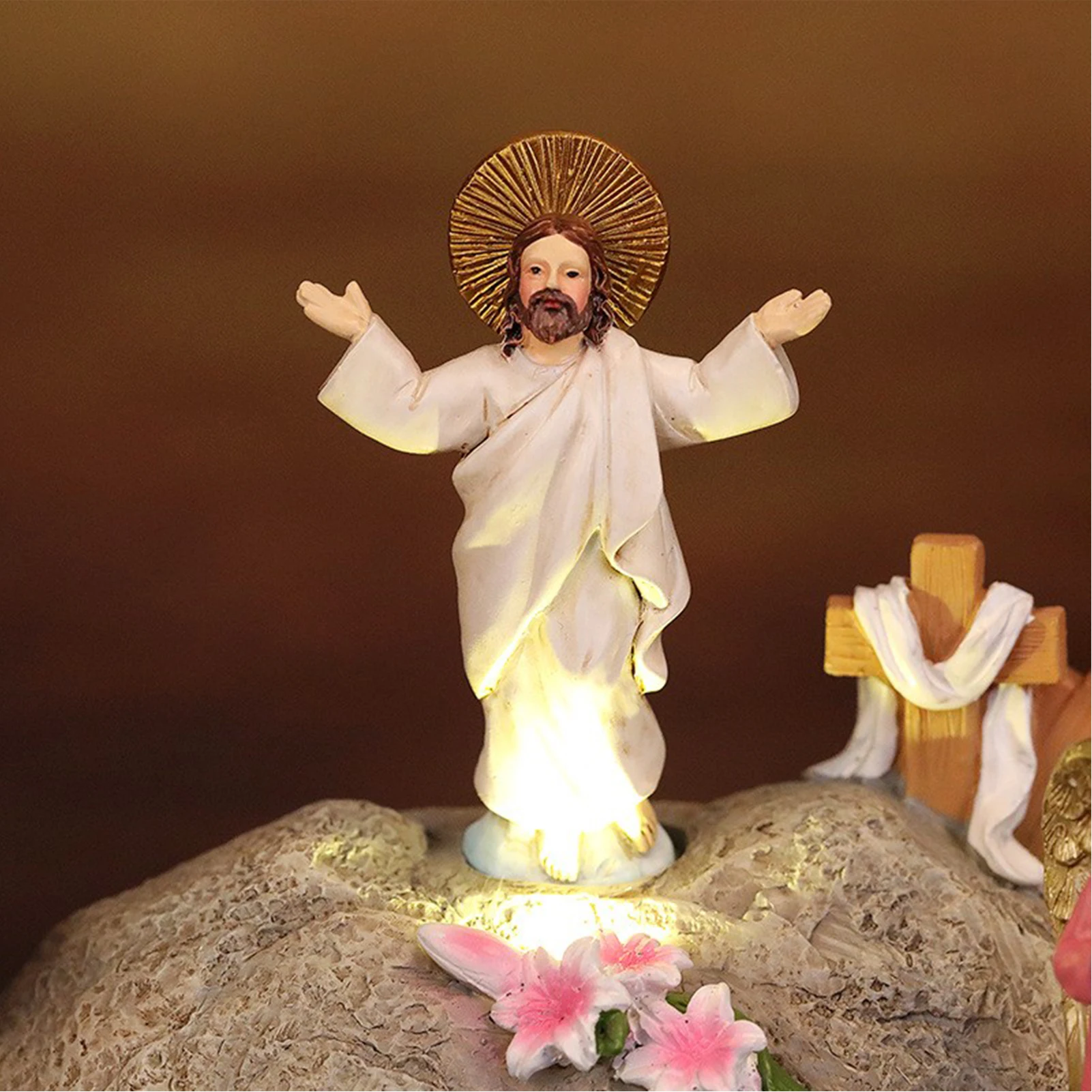 Resin Jesus Ascension Scene Statue With LED Light Easter Christian Home Decor Figurine Set
