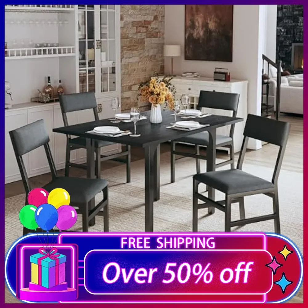 Dining Table Set for 4, Extendable Kitchen Table Cushion Chairs Set of 4, Rectangle Dining Tables with Metal Frame & MDF Board