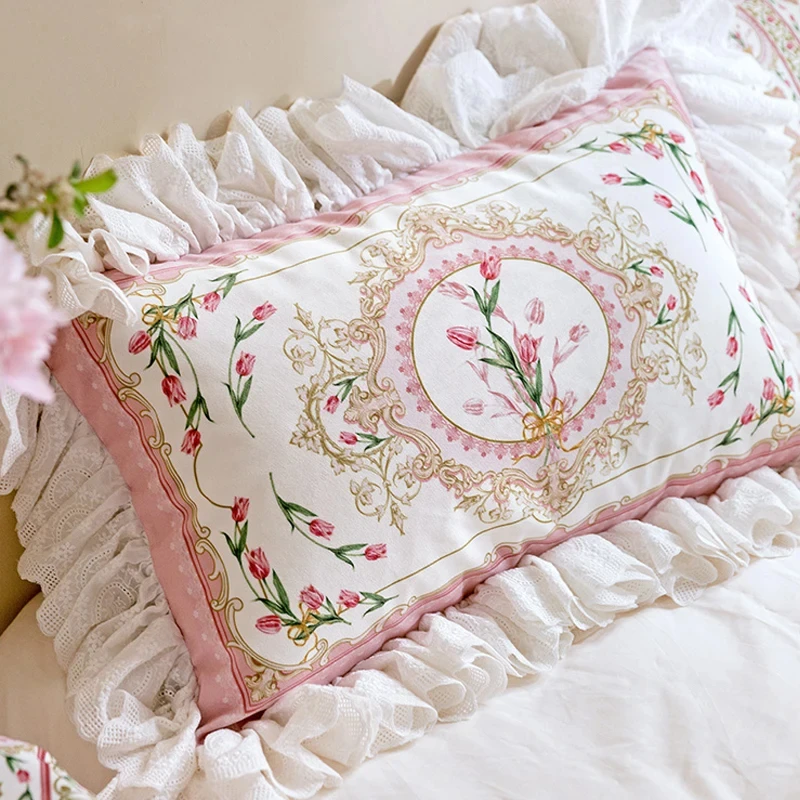 

Pink Romantic Pillow Case Pastoral French Bedside Cushion Home Sofa Decor Lace Rectangle Pillowcase Small Fresh Cushion Cover