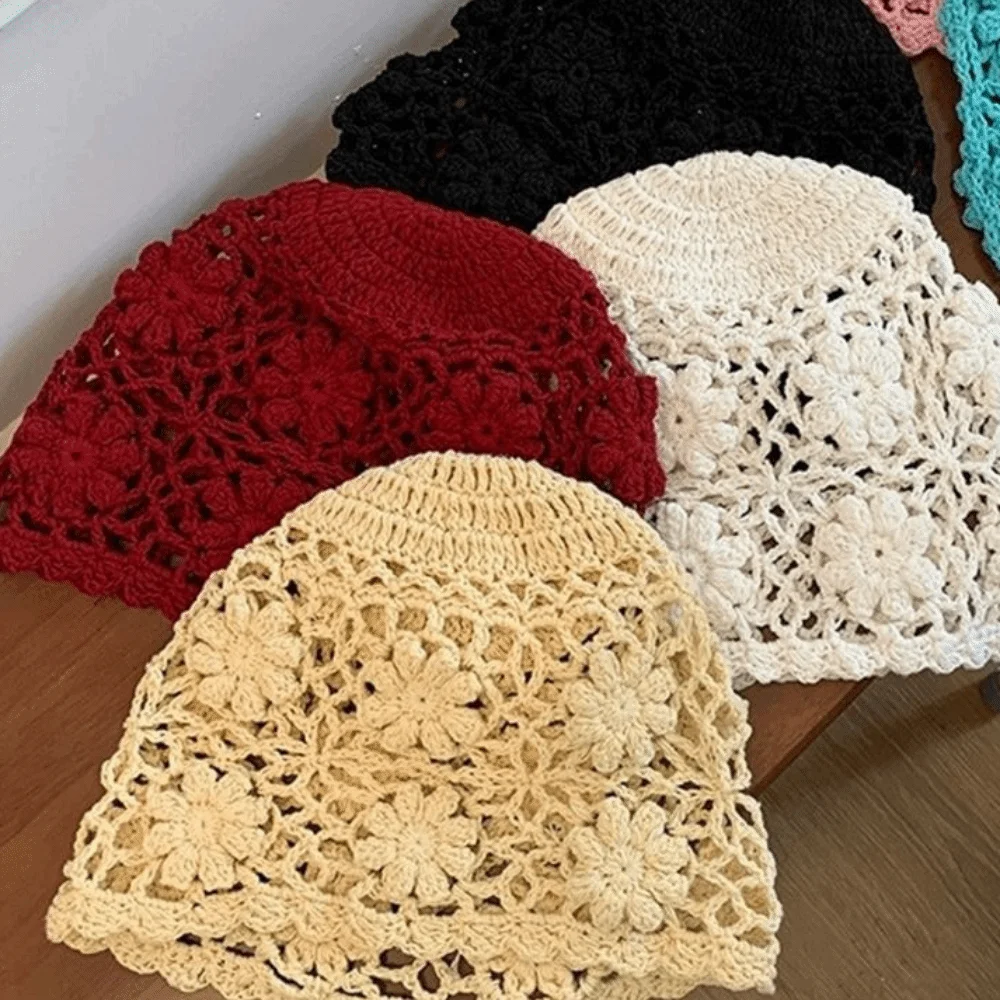 Korean Handmade Crochet Flower Hat Hollow Weave Knit Basin Caps Sweet Y2k Beanies Cap Outdoor