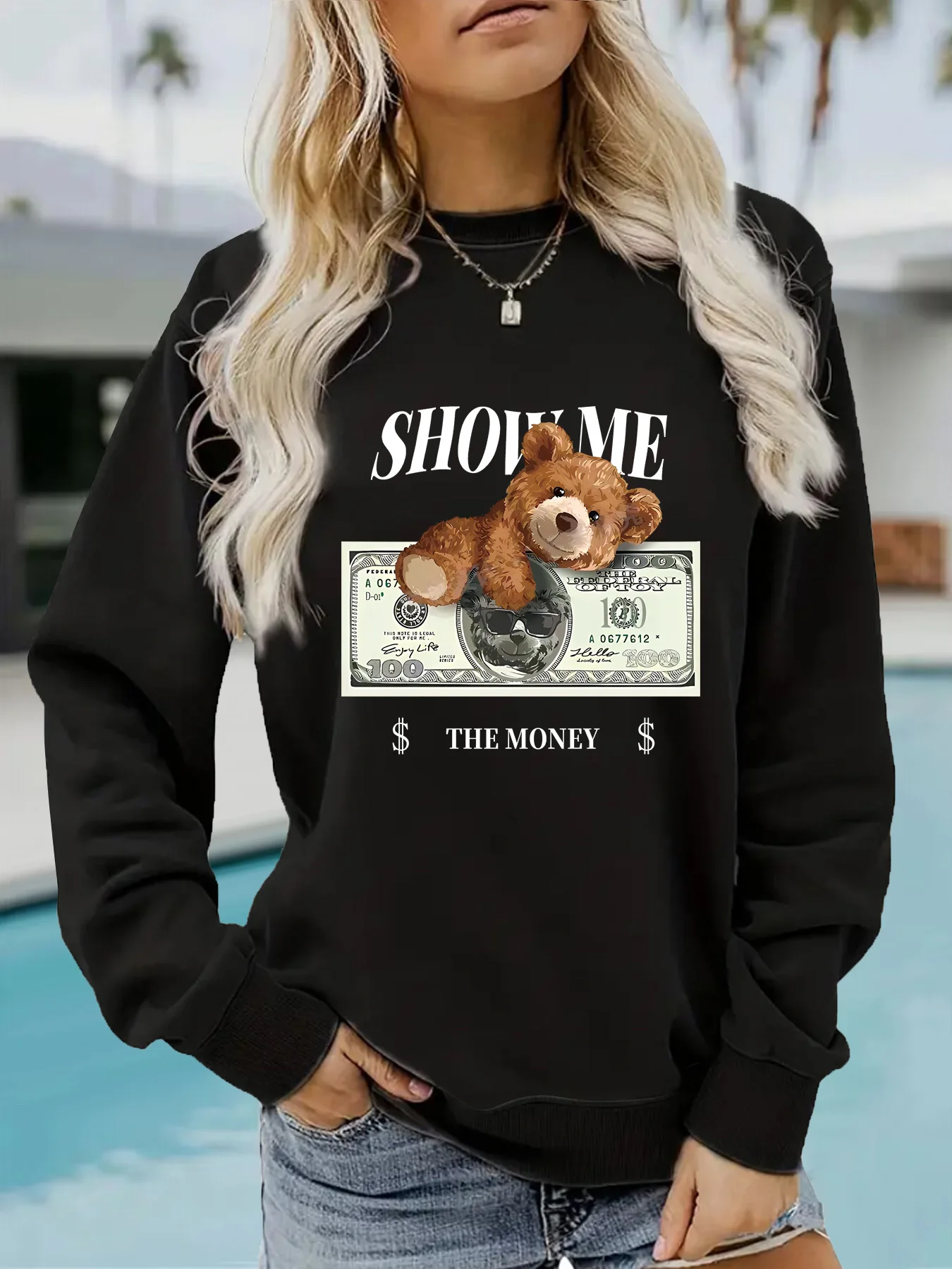 تيدي بير الأوراق النقدية المطبوعة المرأة عارضة طويلة الأكمام جولة الرقبة المطبوعة البلوز البلوز و الدافئة البلوز البلوز #6