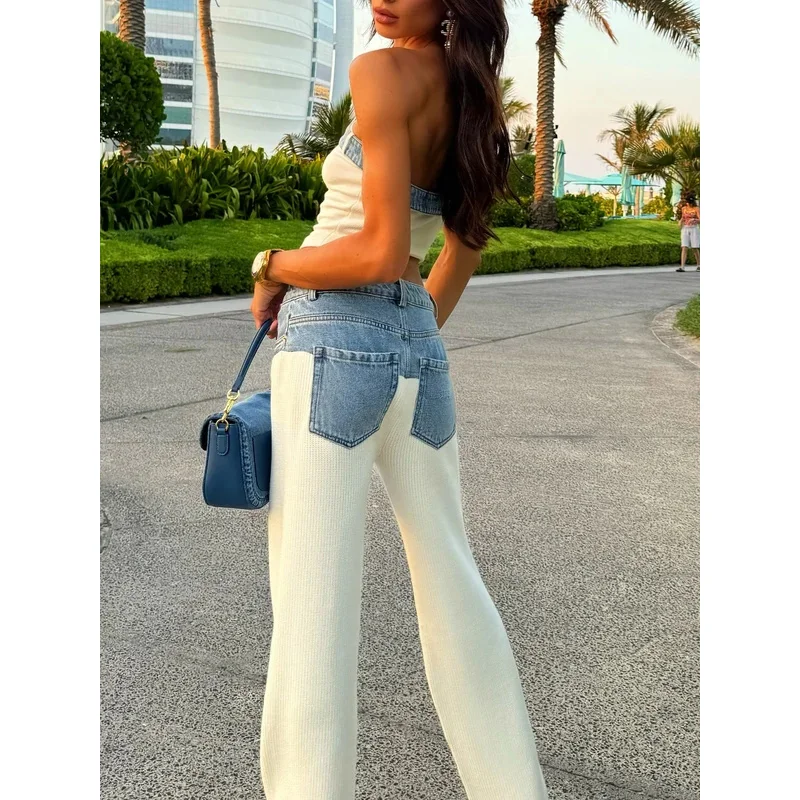 

Retro High Waist Denim Splicing Women's Two-Piece Suit Casual Fashion Tube Top Set Comfortable Casual Wear for Women