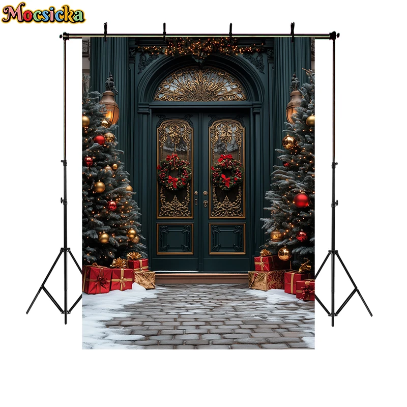 Mocsicka Christmas Arch Wooden Door Photography Background Xmas Tree Wreath Decor Kids Adult Portrait Photo Backdrop Studio