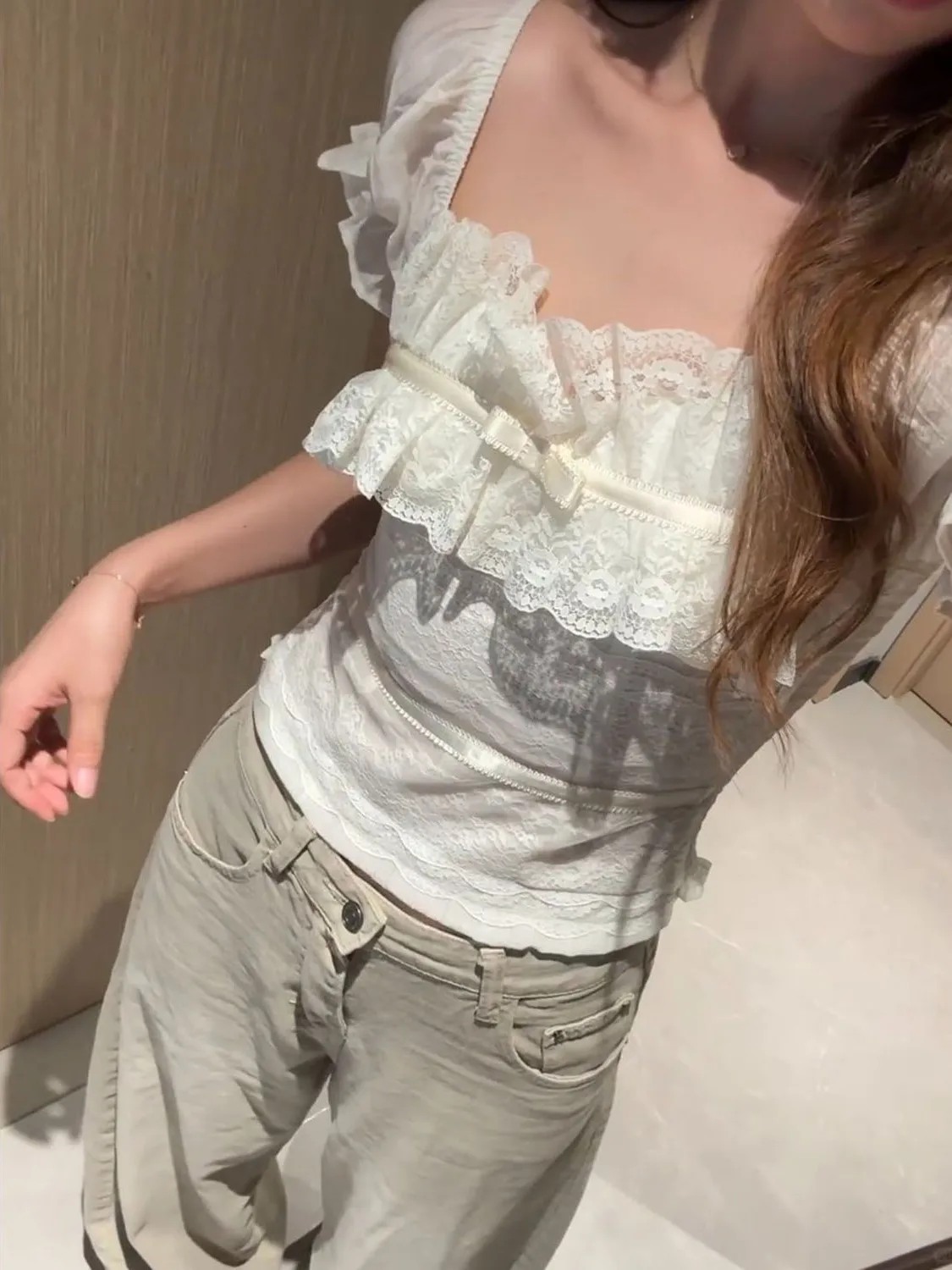 Korean Style Lace Splice Bubble Sleeve Square Collar One Shoulder Top Women's Pure Desire Spicy Girl Trendy Small Shirt