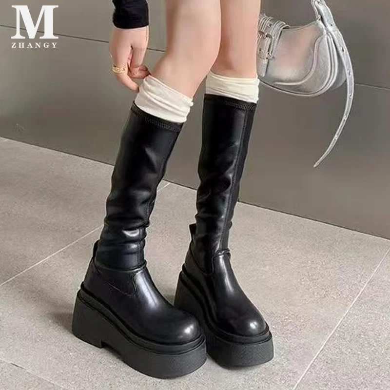 Bottes hautes en cuir à plateforme pour femmes, talons hauts, chaussures de moto mi-mollet, mode de créateur, nouvelle marque tendance, hiver 2025