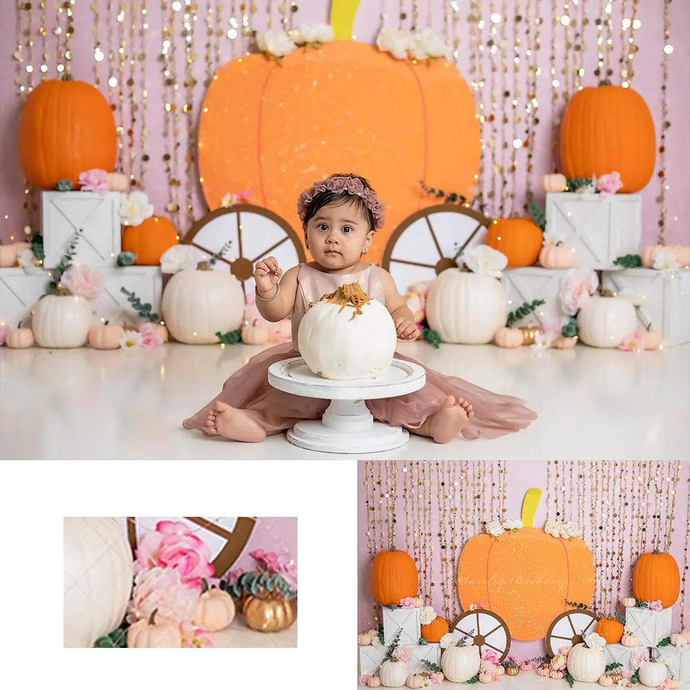 

Pumpkin Carriage Awaits Backdrop Kids Baby Cake Smash Photography Props Child Girls Adult Birthday Floral Backgrounds