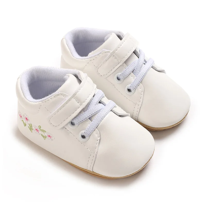 2026 0-1Y Baby Shoes Minimalist Casual Style Solid-white or Floral Embroidery Option Toddler Walking shoes with Velcro Strap