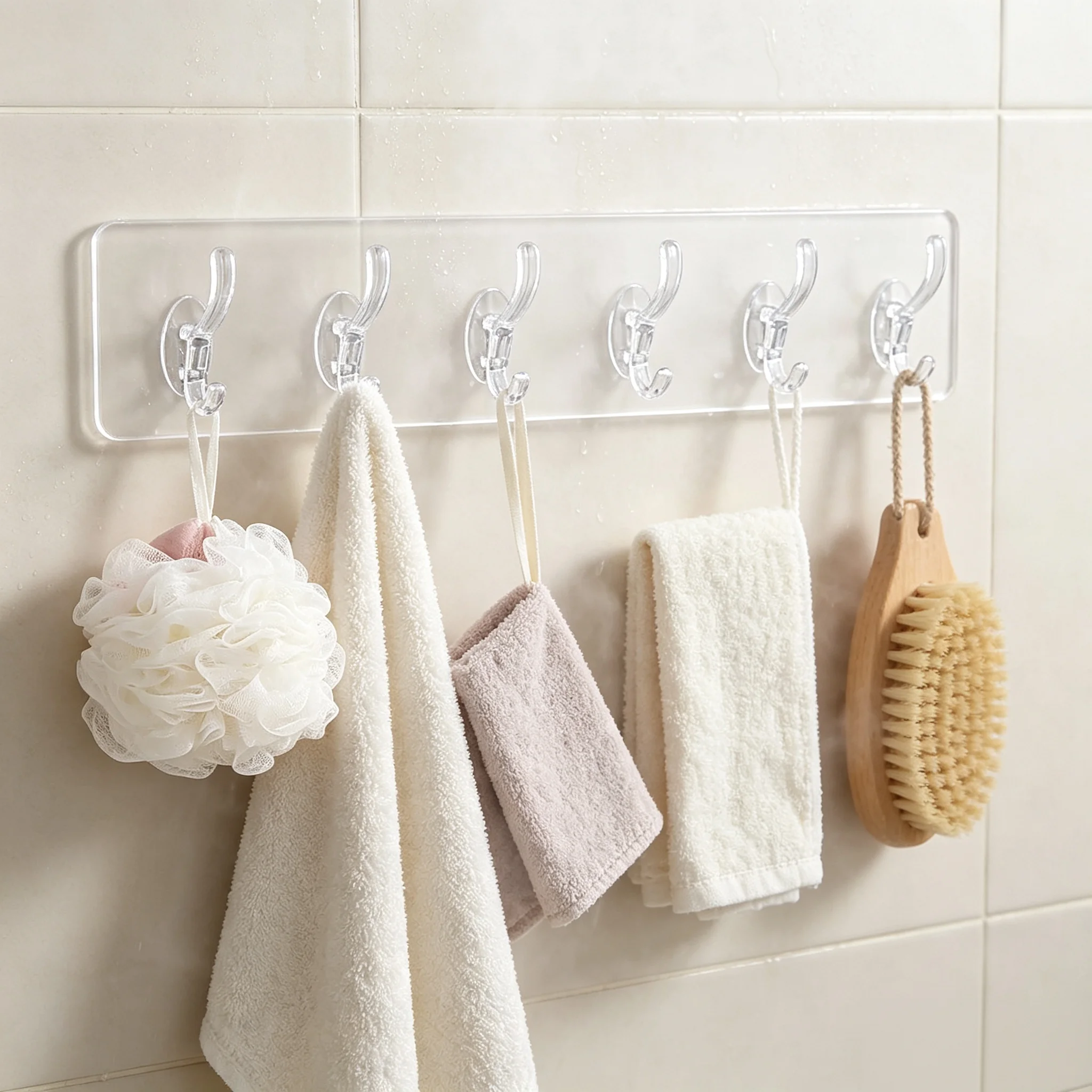Transparent six-hook self-adhesive wall mounting bracket, no drilling required, suitable for bathrooms and kitchens