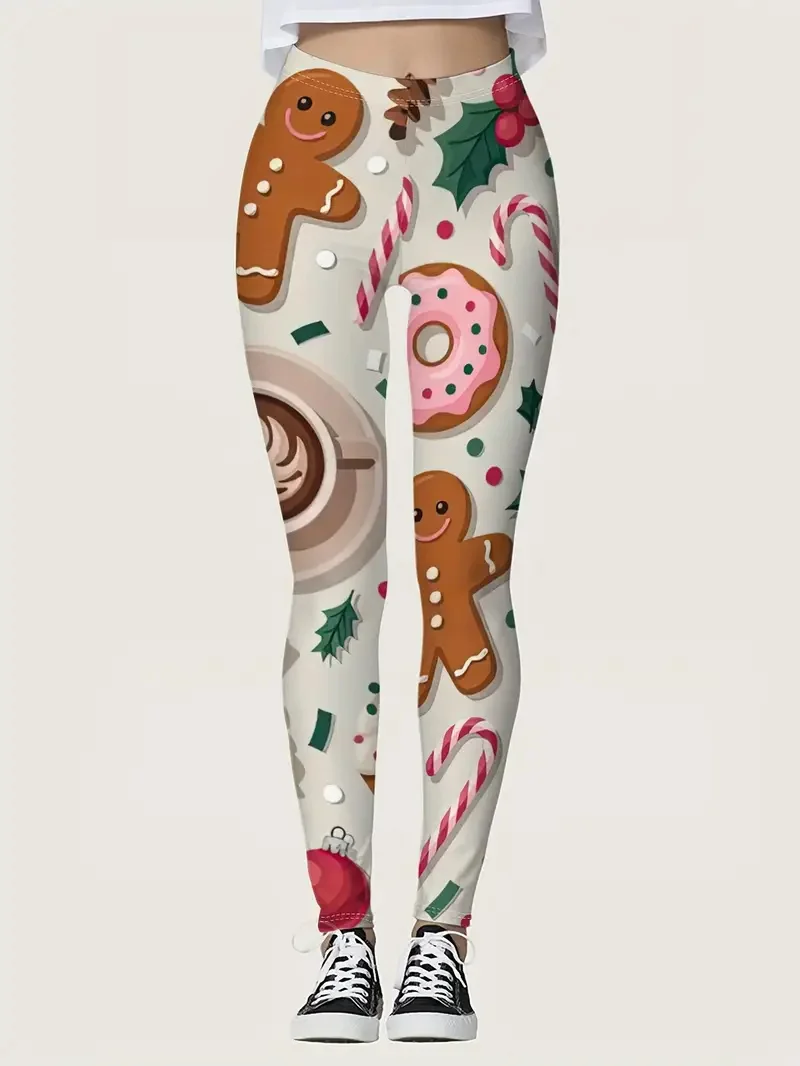 سروال يوجا برسومات الزنجبيل لعيد الميلاد للنساء، نمط سانتا كلوز اللطيف، سروال مرن للحفلات والمهرجانات، كاجوال عالي الخصر #5