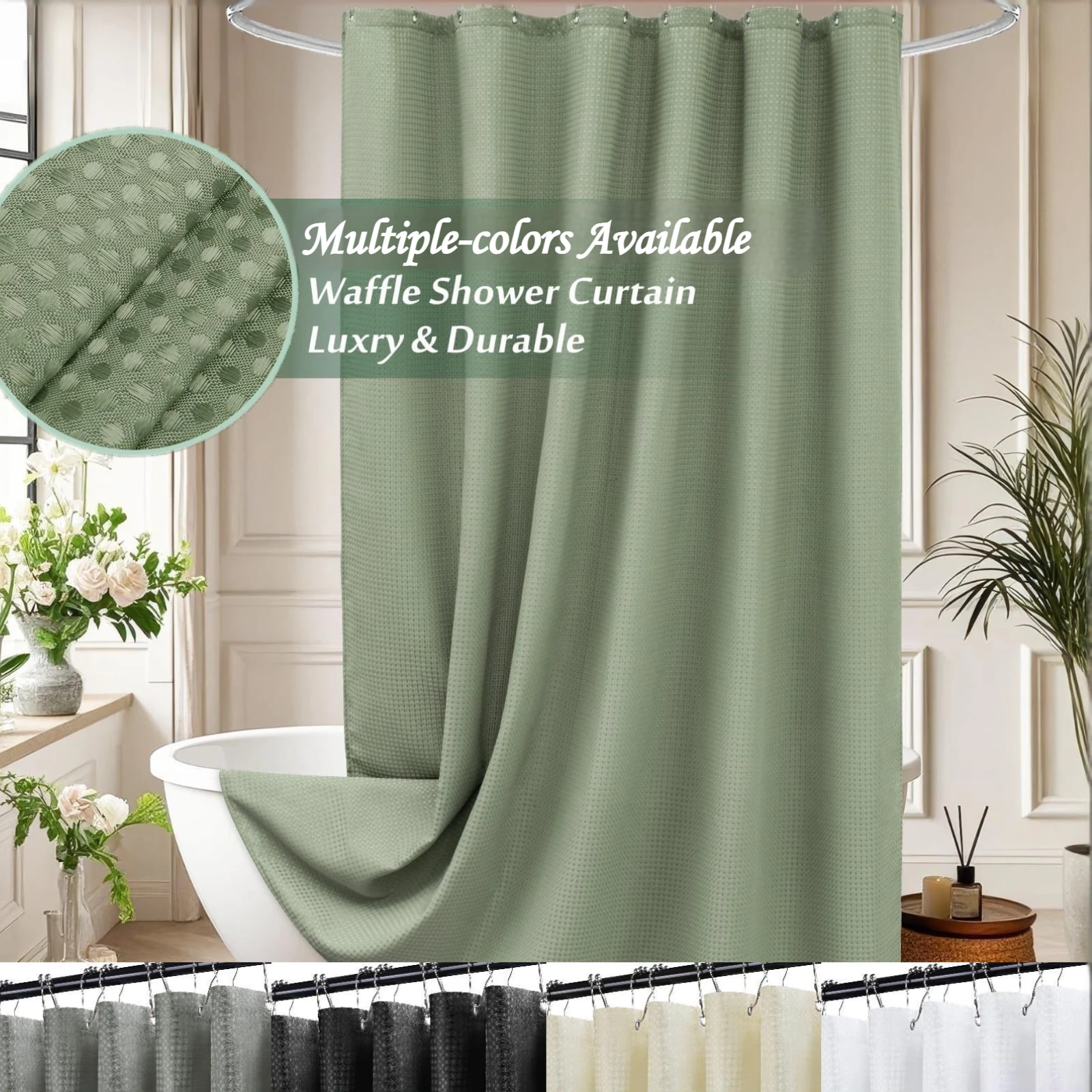 Thickened Waterproof Waffle Shower Curtain Washable Mildew-proof Solid Color Polyester Partition Bathroom Curtains with Hooks