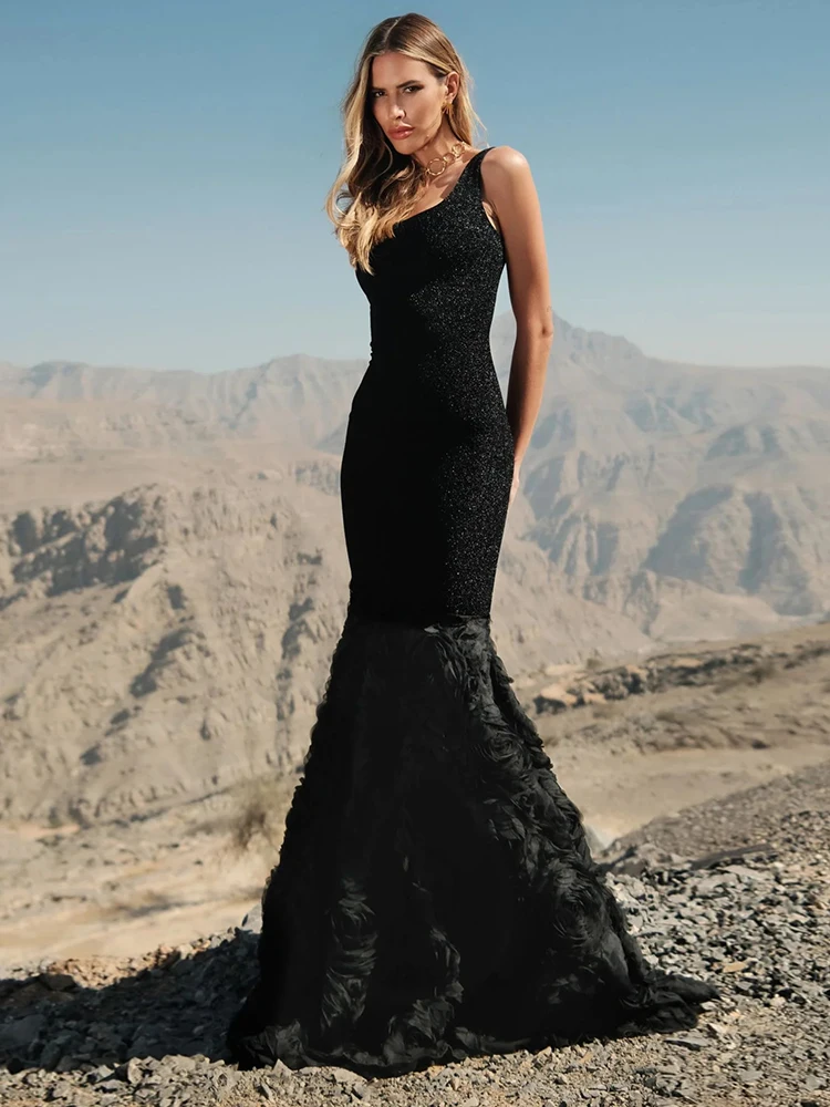 

Elegant Sequin Fishtail Black Dress Summer 2025 Woman Square Collar Slimming Evening Dresses Party Gown with Feathered Hem