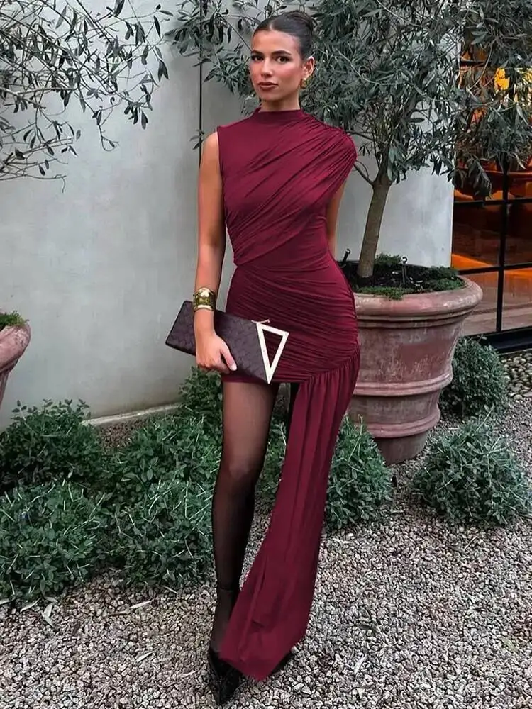 Verão drapeado ruched sexy mini vestido feminino novo irregular cintura alta magro ajuste vestido feminino elegante clube tanque vestido